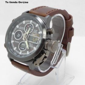 Reloj Análogo Digital Caja Metálica Pulsera Cuero