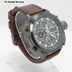 Reloj Análogo Digital Caja Metálica Pulsera Cuero